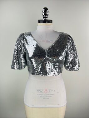 💚 3586. Silver Sequin V-Neck Crop Top